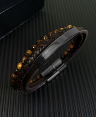 Black Tigers Eye Black Plated Leather Stainless Steel Bracelet