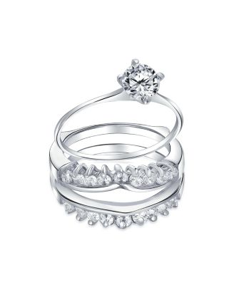 Cocktail Statement Ring: 1CT Round Solitaire CZ Band Guard Enhancer in Sterling Silver
