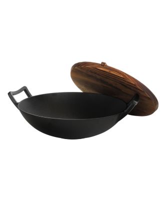 Heavy Duty Cast  2 Piece 14 Inch Iron Wok with Wood Lid