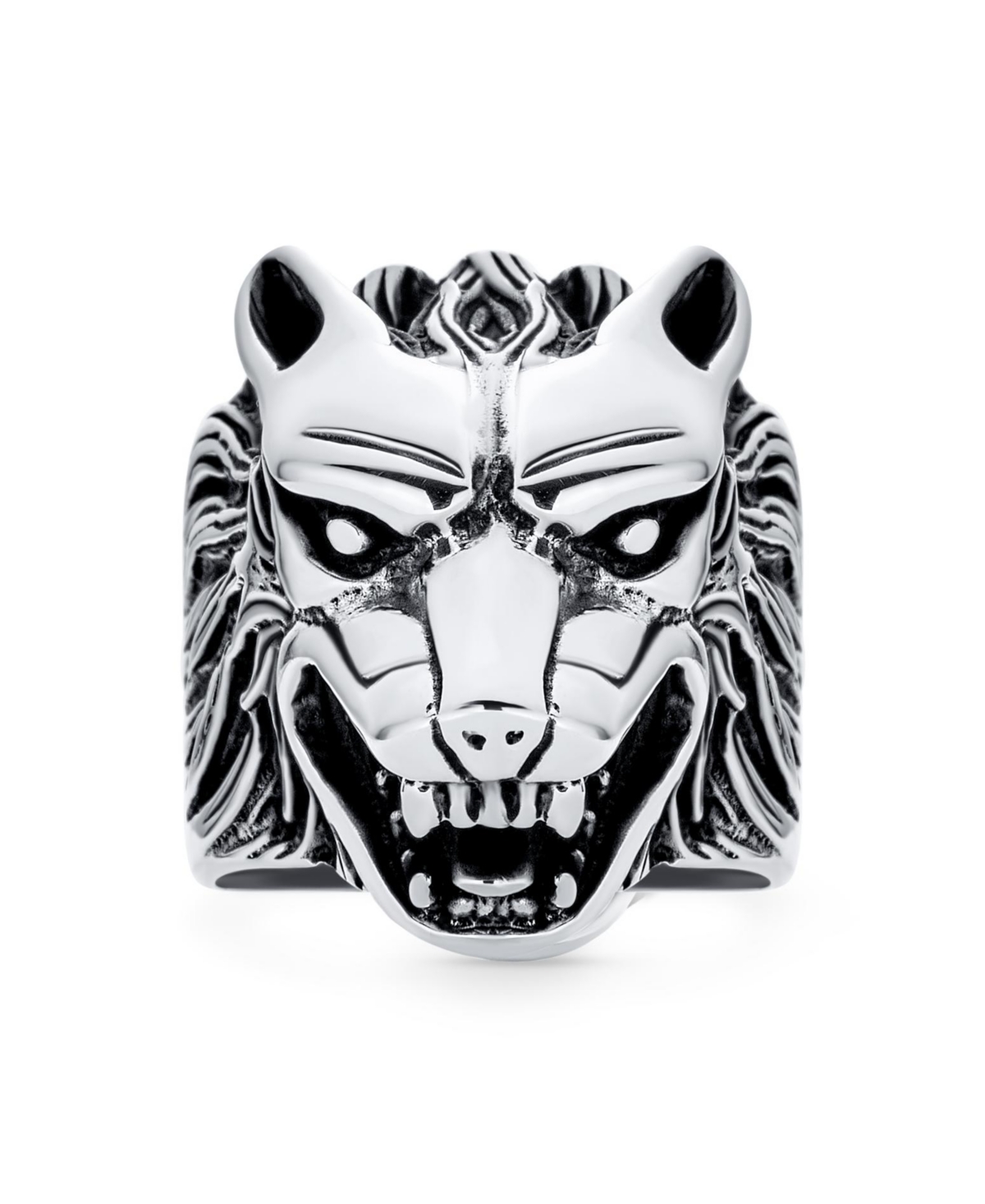 Bling Jewelry Hunter Animal Norse Viking Warrior Signet Fierce Roaring Wolf Head Ring Oxidized .925 Sterling Silver