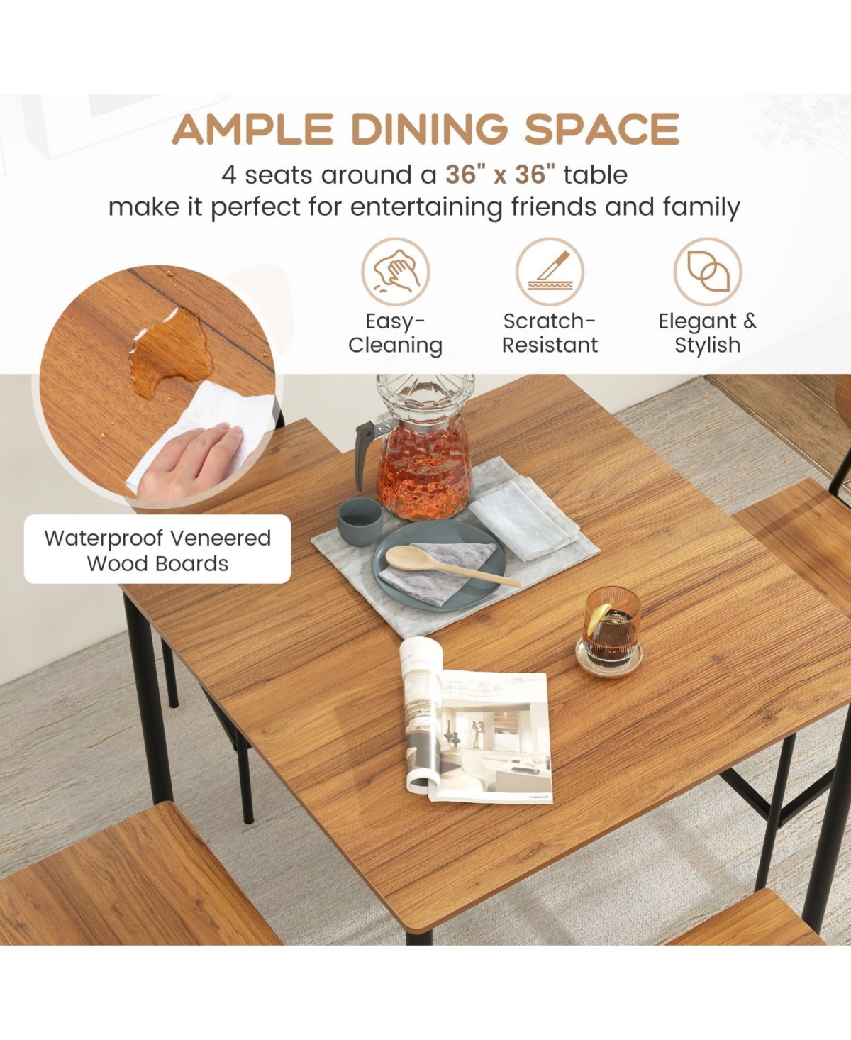 5-Piece Industrial Dining Table Set with Counter Height and 4 Bar Stools-Walnut