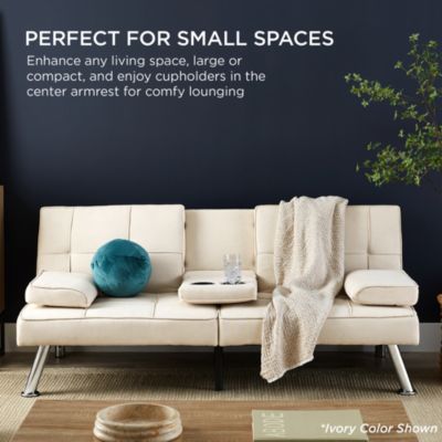 Modern Linen Convertible Futon Sofa Bed w/ Removable Armrests, Metal Legs, Cupholders