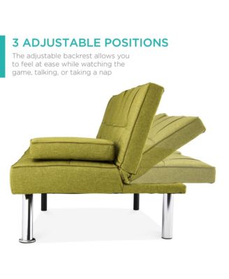 Modern Linen Convertible Futon Sofa Bed w/ Removable Armrests, Metal Legs, Cupholders