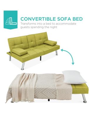 Modern Linen Convertible Futon Sofa Bed w/ Removable Armrests, Metal Legs, Cupholders