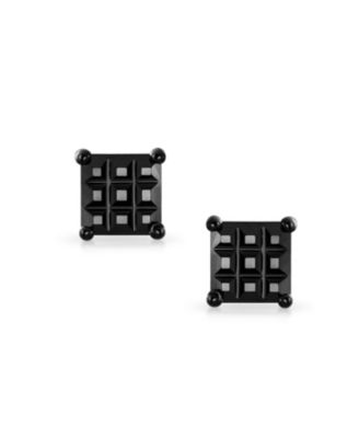 Black On Black Invisible Cut Square CZ Checkboard Cubic Zirconia Prong Basket Set Stud Earrings Sterling Silver
