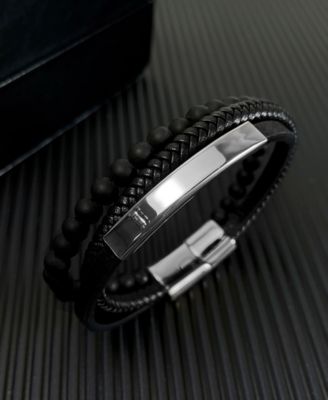 Silver Identification Leather Stainless Steel Bracelet
