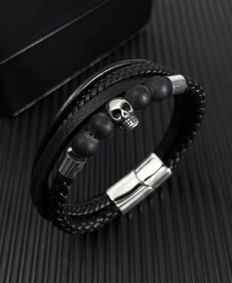 Silver Multi Leather Skull Stainless Steel Bracelet
