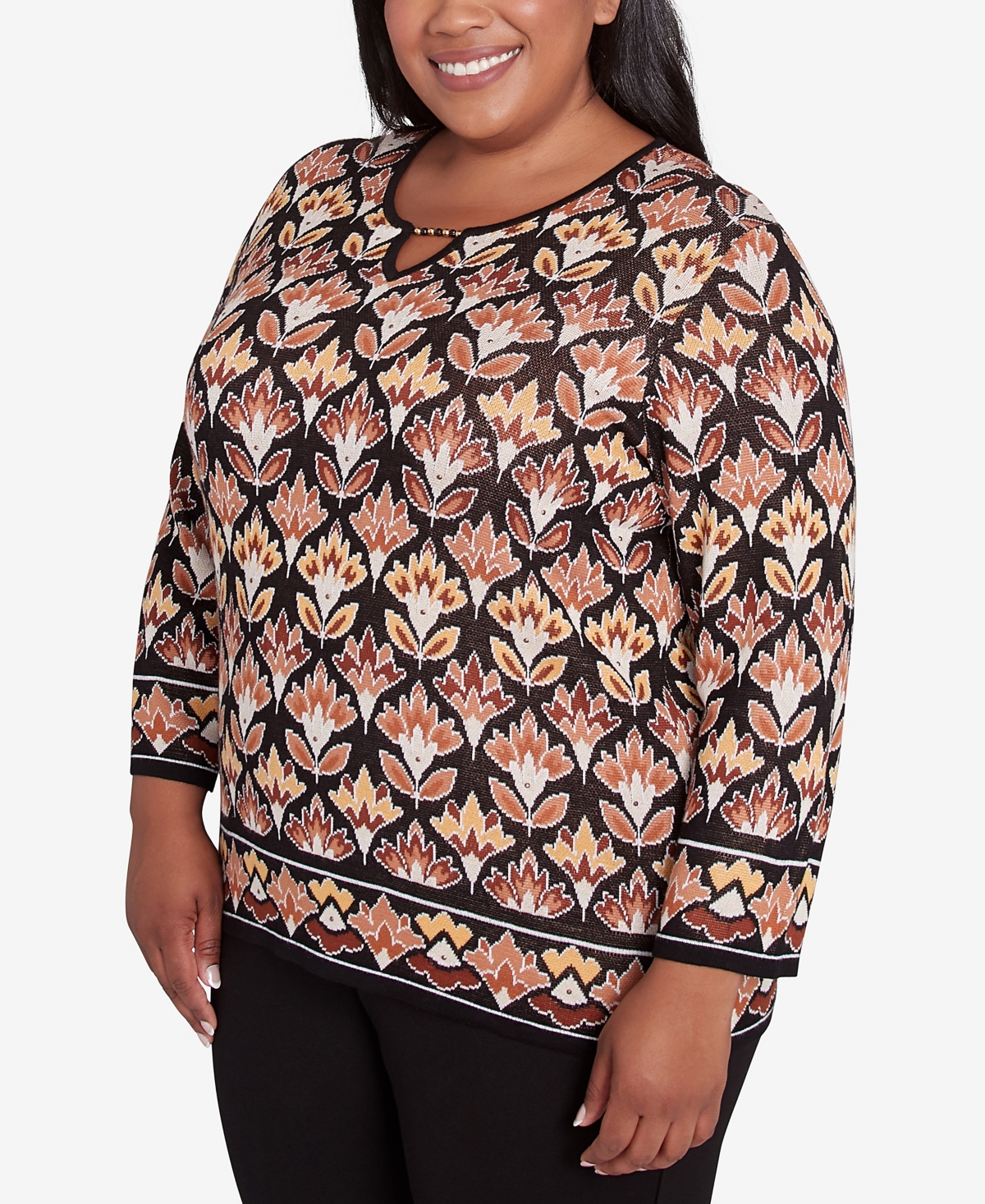 Alfred Dunner Plus Size Rue Rivoli Medallion Beaded Split Neck Sweater In Neutral Multi