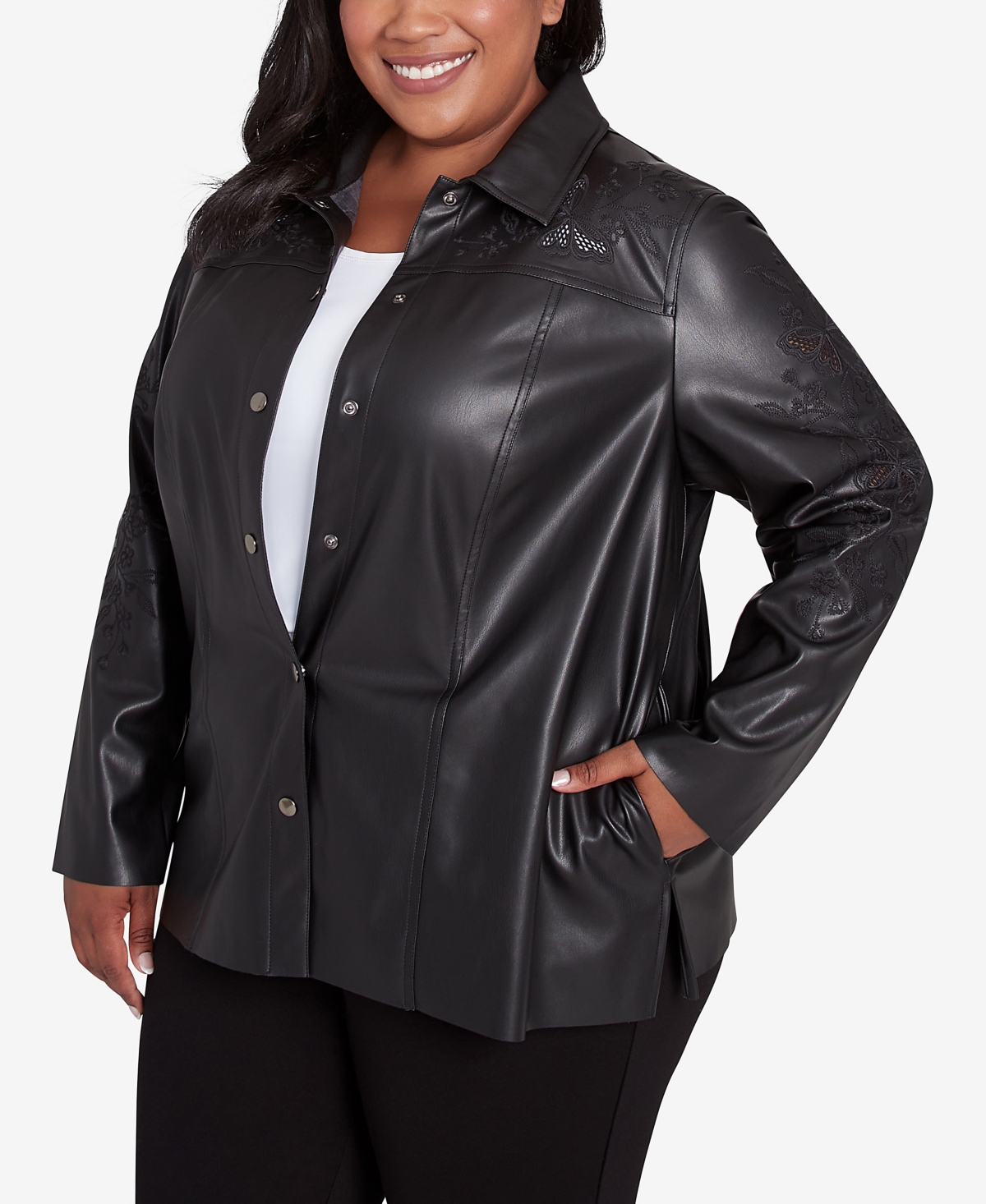 Alfred Dunner Plus Size Runway Ready Floral Embroidered Faux Leather Jacket