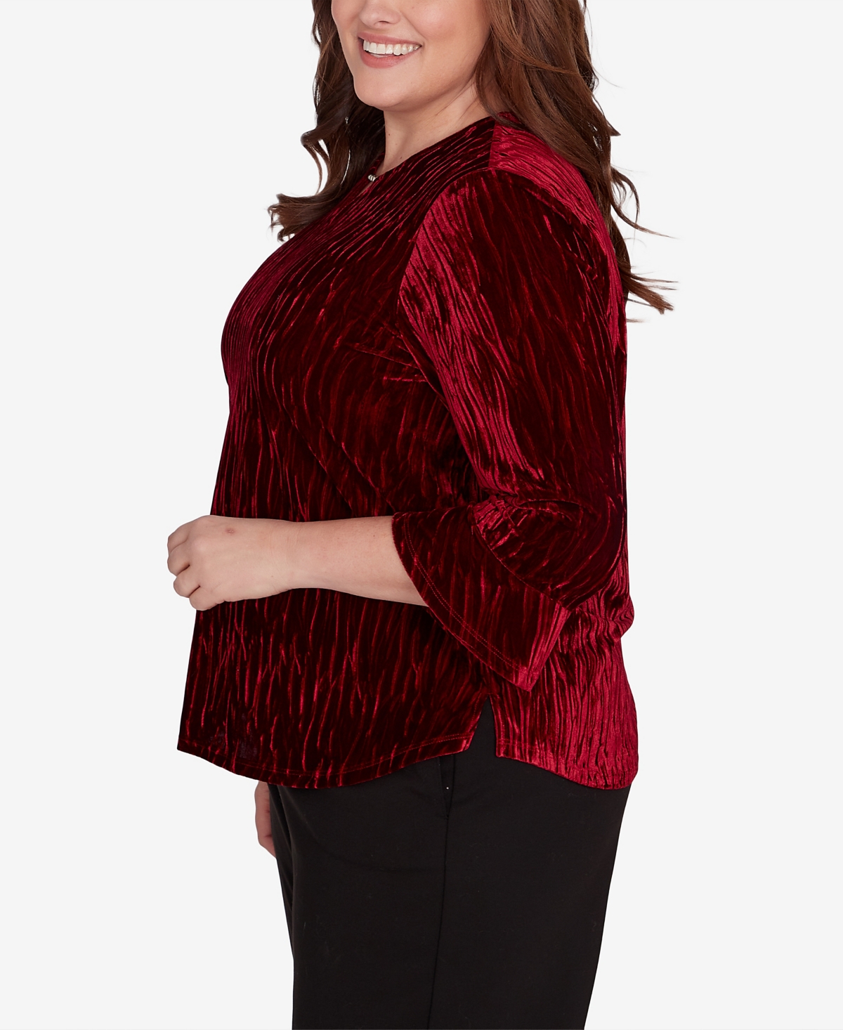 Alfred Dunner Plus Size Runway Ready Crushed Velvet Beaded Split Neck Top