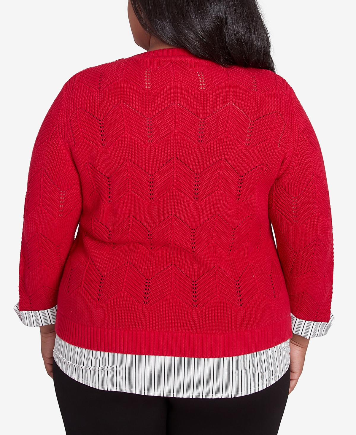 Alfred Dunner Plus Size Runway Ready Woven Chevron Sweater With Necklace In Red