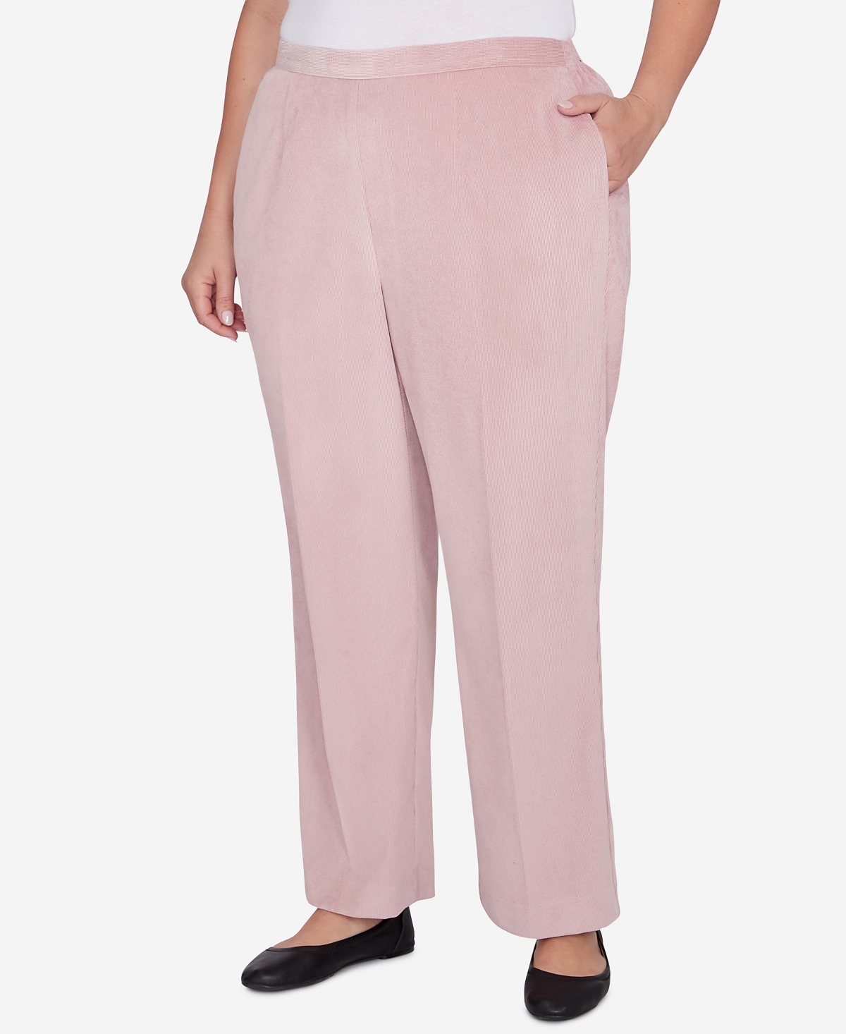 Alfred Dunner Plus Size Telluride Corduroy Elastic Waist Short Length Pleated Pants In Rose