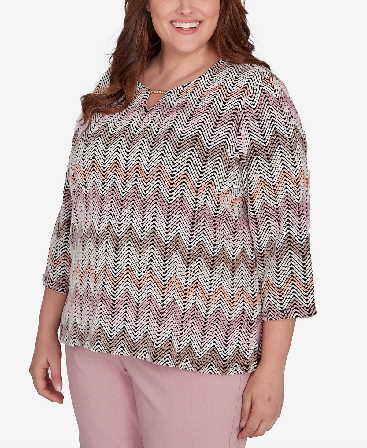 Alfred Dunner Plus Size Telluride Chenille Zig Zag Print Top In Neutral Multi