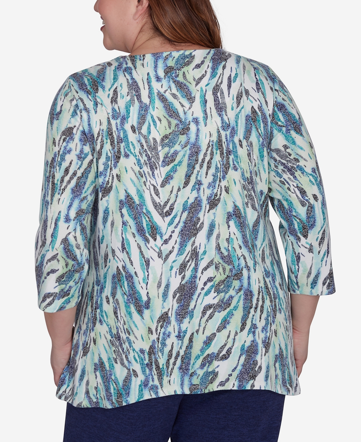 Alfred Dunner Plus Size French Quarter Teal Animal Print Split Neck Top In Multi Green