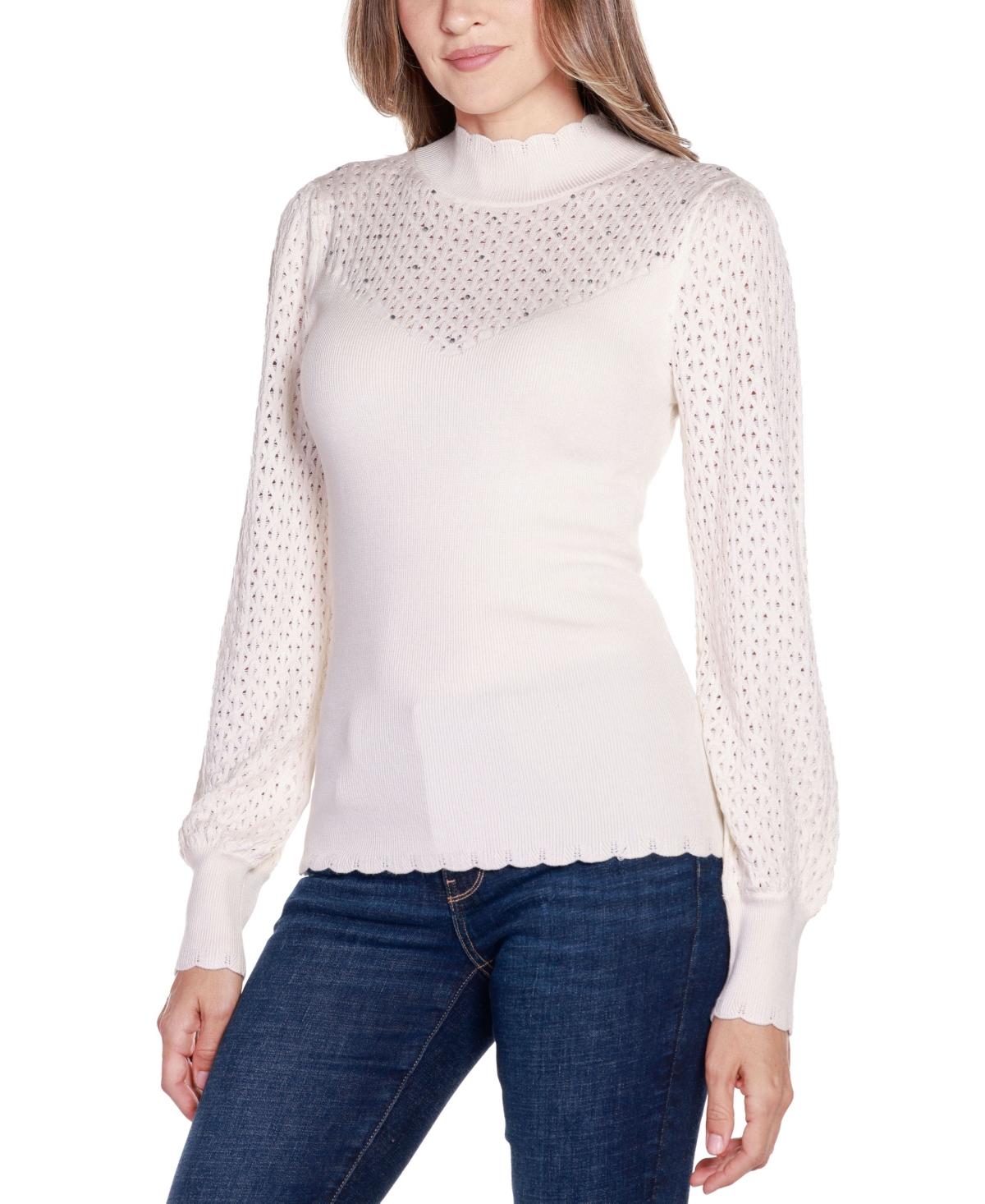 Belldini Women's Black Label Pointelle and Rhinestone Detail Sweater