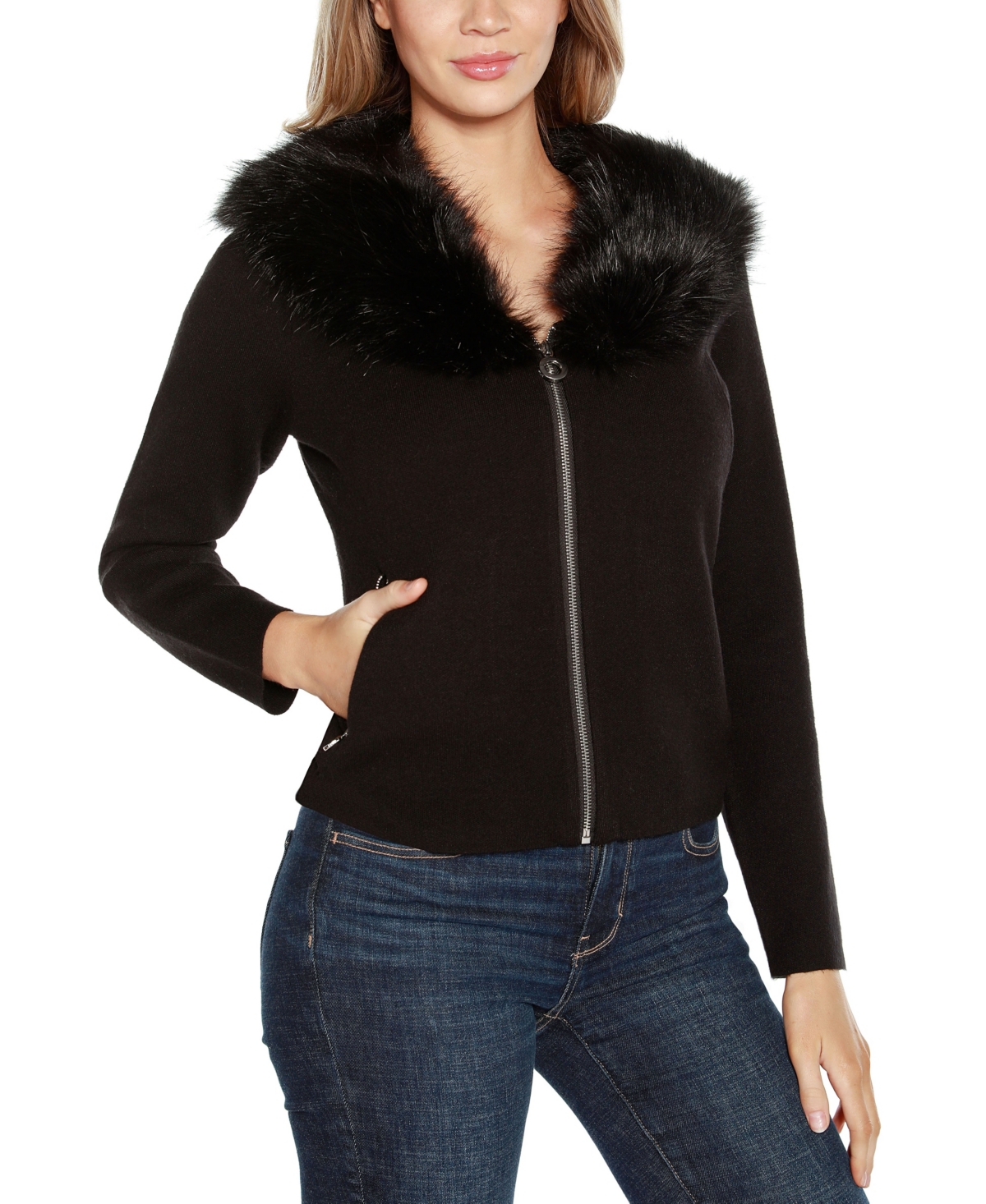 Belldini Women's Black Label Faux Fur Collar Short Zip Cardigan Sweater In Black