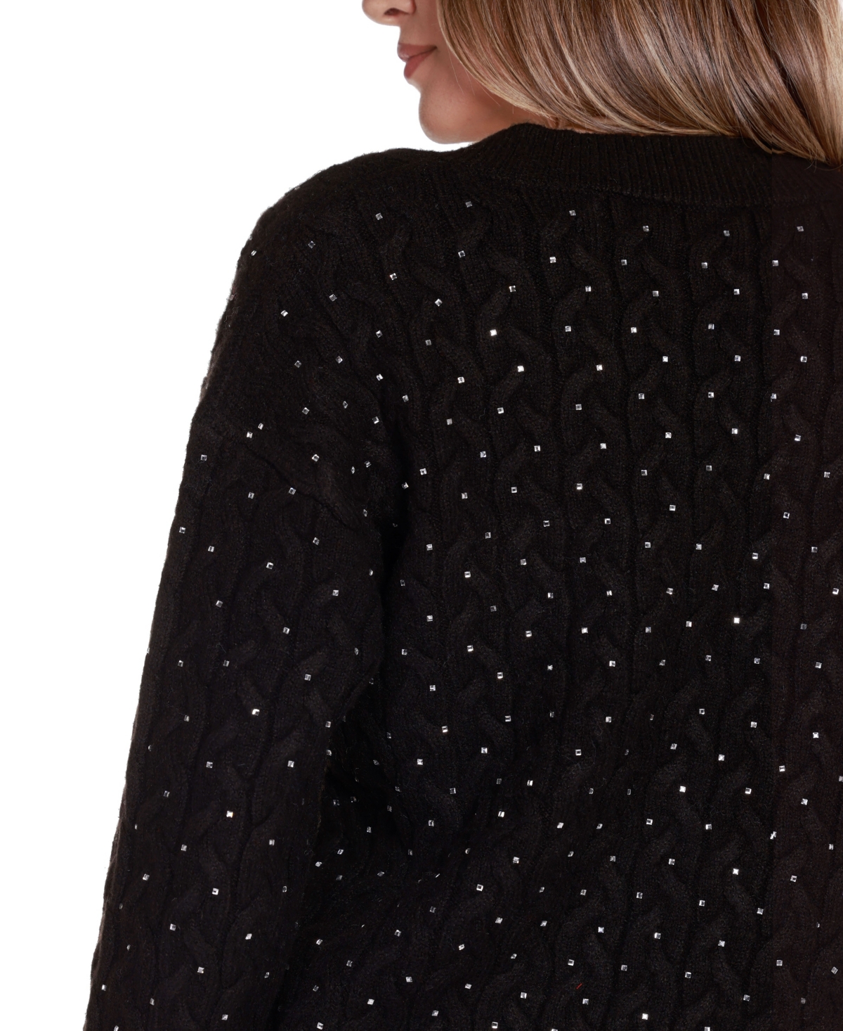 Belldini Women'sLabel Embellished Cabled V-Neck Sweater - Black