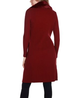 Black Label Women's Ribbed Faux-Fur Collar Duster Cardigan Sweater