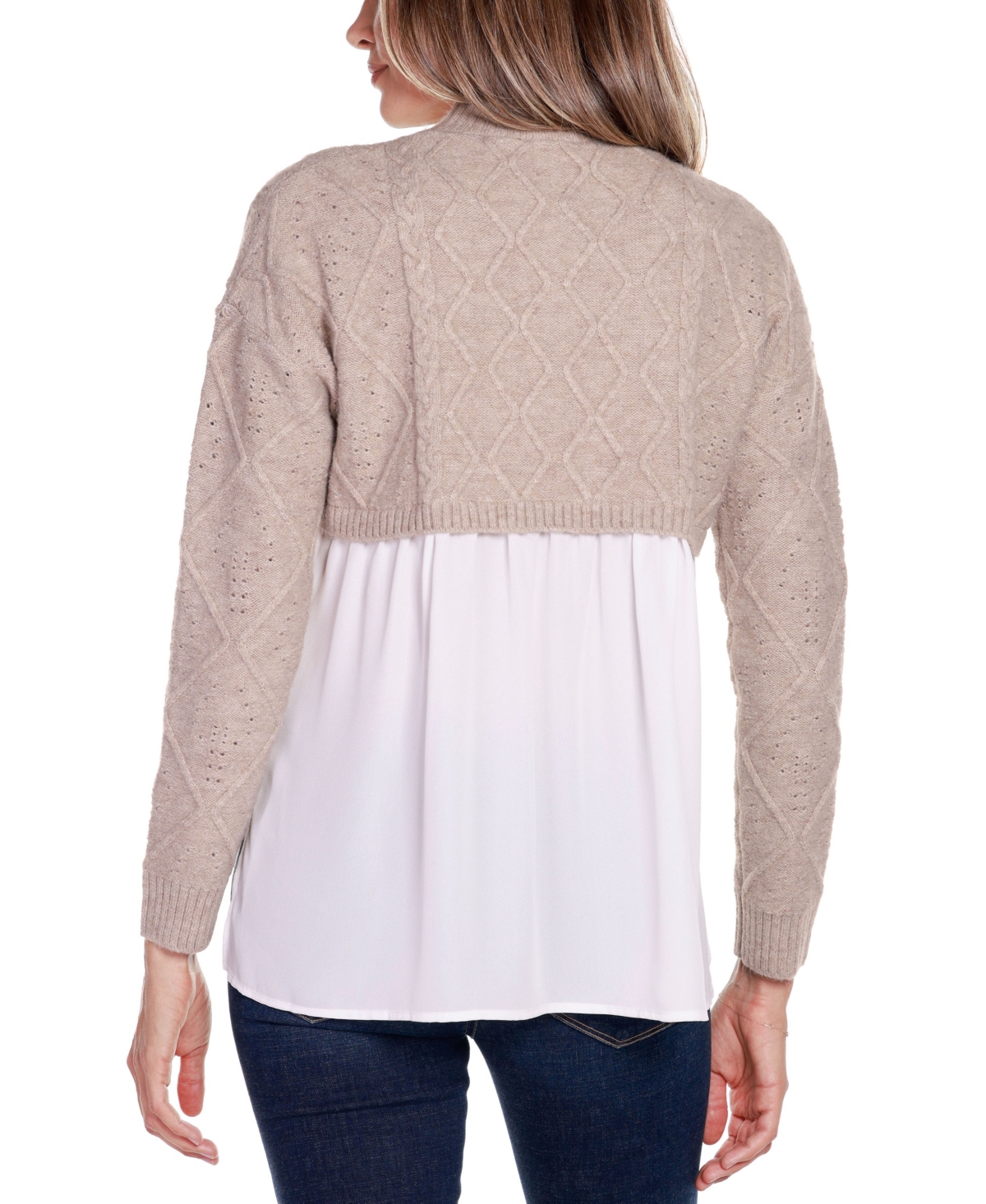 Belldini Women's Black Label Chiffon-Back Cable Sweater -White