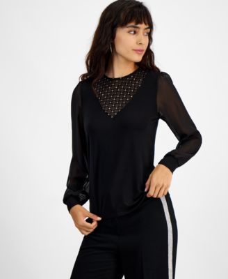 Bar III - Women's Crewneck Long-Mesh-Sleeve Top