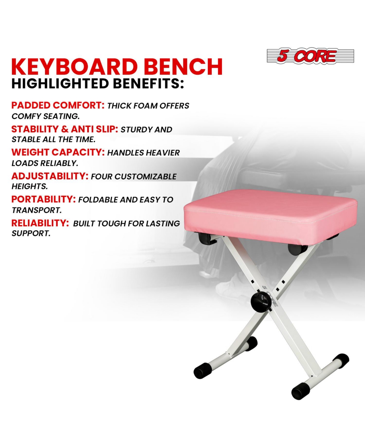5 Core Keyboard Bench X Style Piano Stool Heavy Duty Adjustable Keyboards Chair