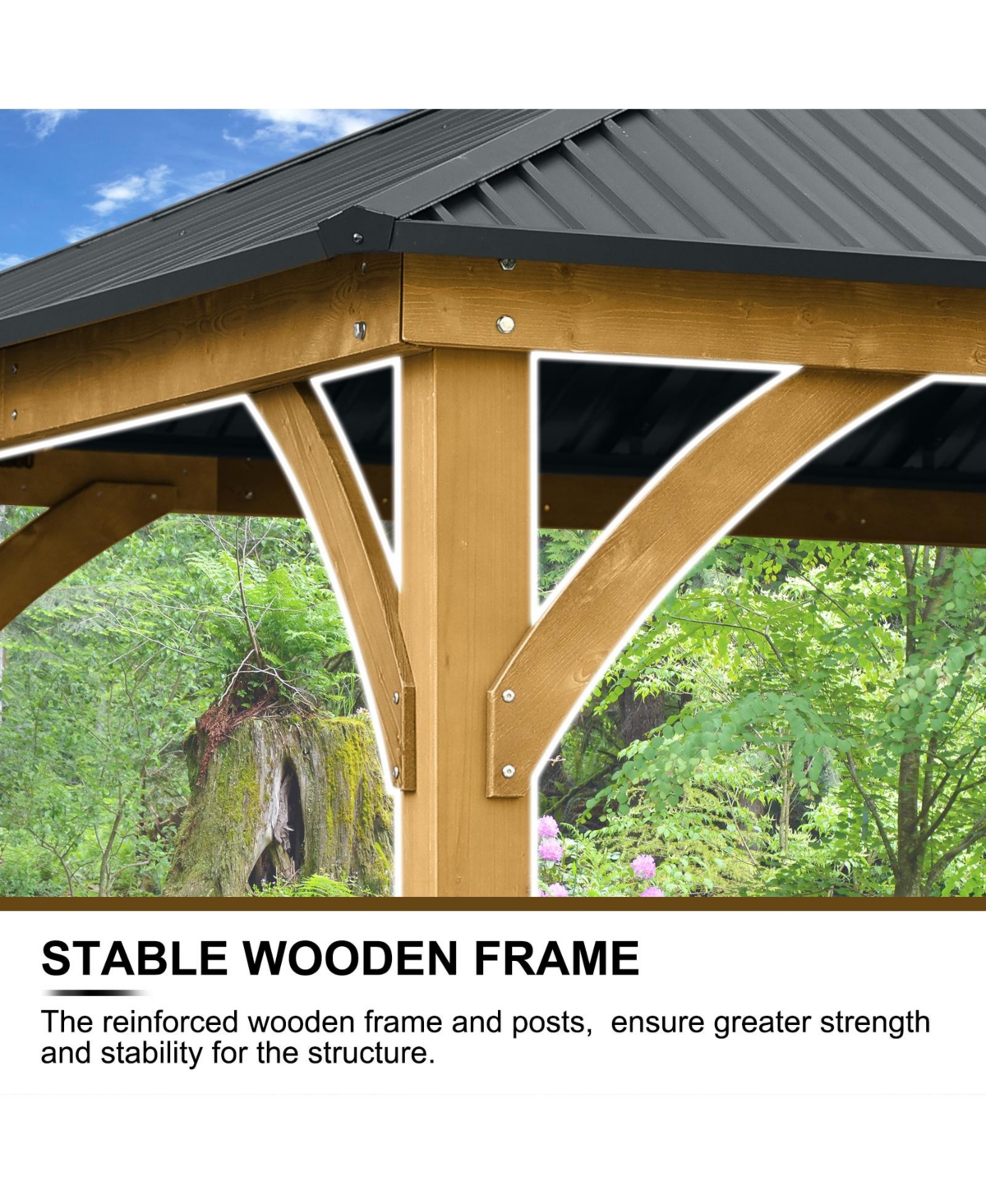 Aoodor Patio Solid Wooden Gazebo 10 x 12 ft. Hardtop Roof 2 Tier for Garden.