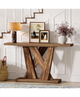 55-Inch Farmhouse Console Table, Entryway Table with Geometric Base, Narrow Sofa Table Rustic Wood Hallway Table, Rustic Brown