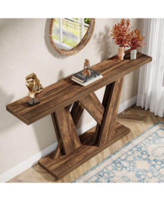 55-Inch Farmhouse Console Table, Entryway Table with Geometric Base, Narrow Sofa Table Rustic Wood Hallway Table, Rustic Brown