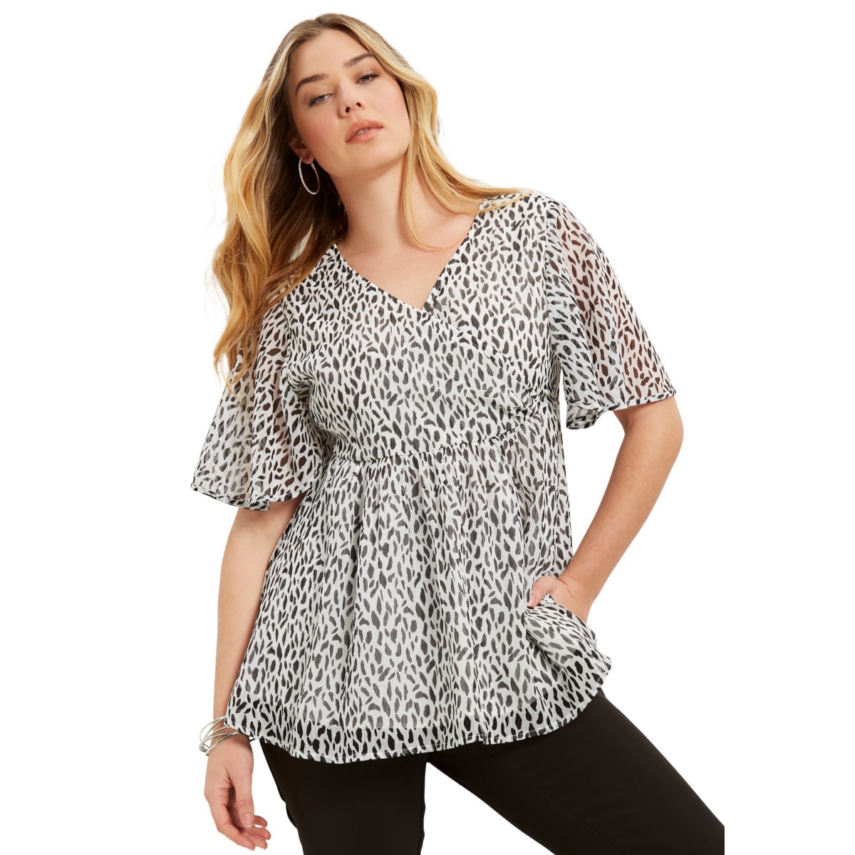 Plus Size June + Vie Faux Wrap Fit-And-Flare Top - Ivory black spots