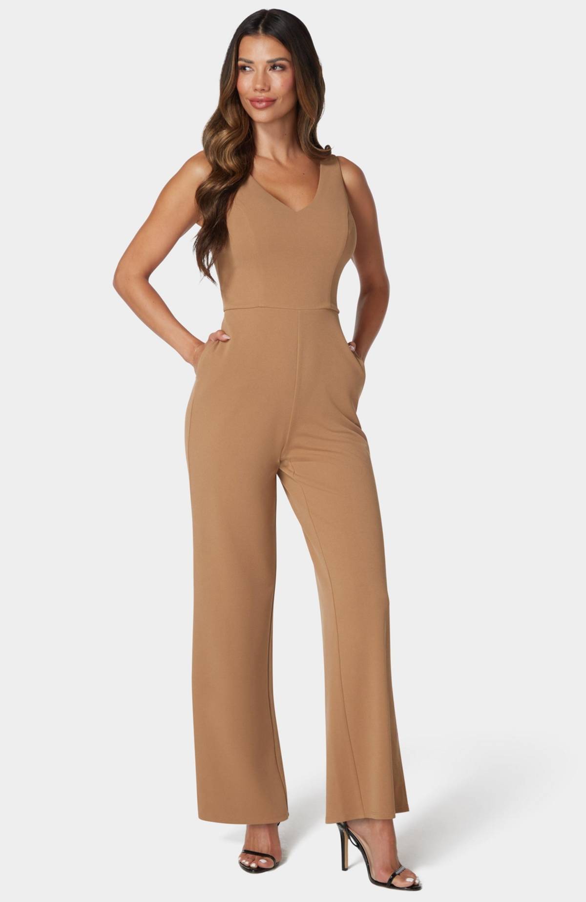 Women's Scuba Crepe V-Neck Jumpsuit - Camel