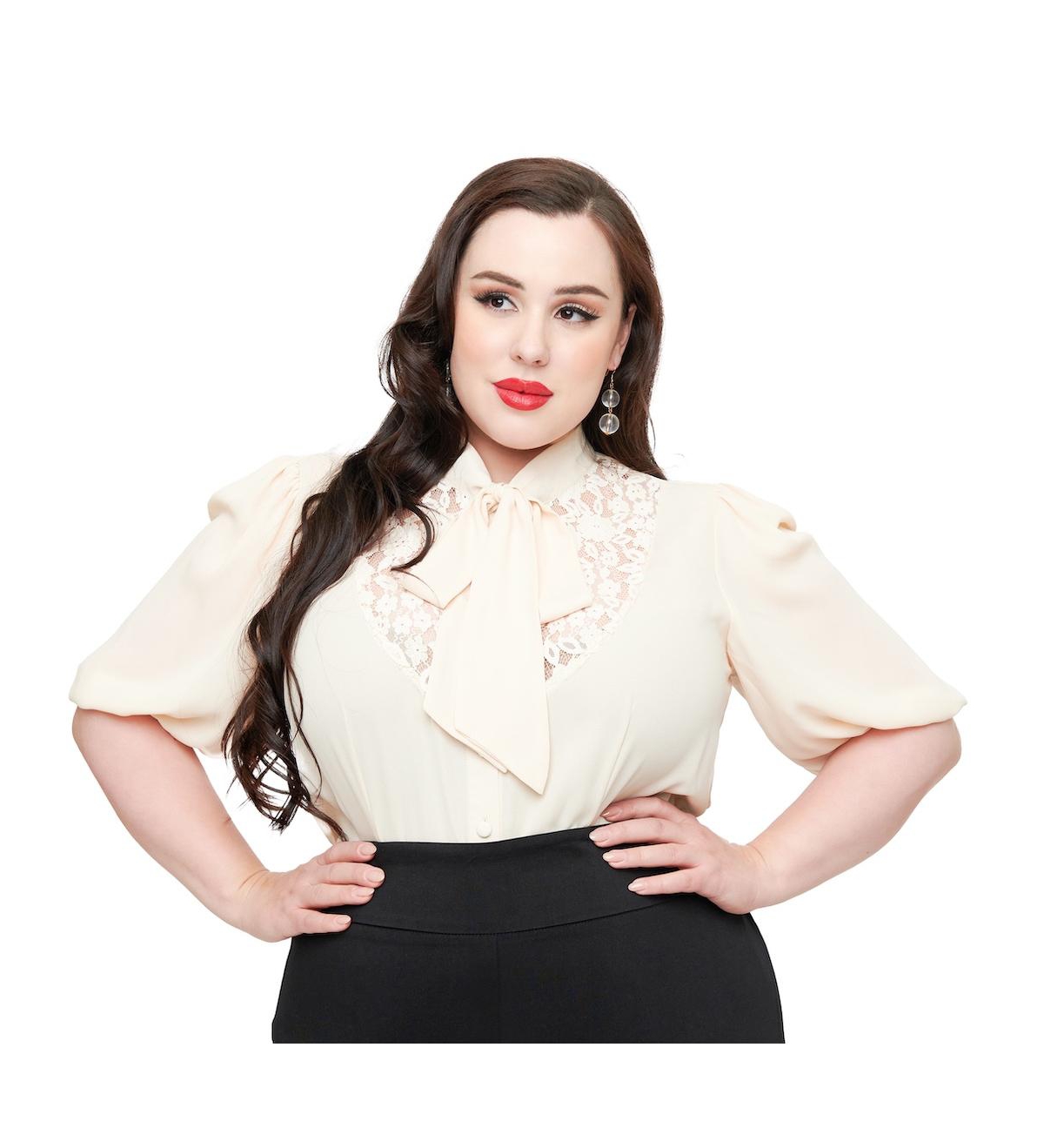 Unique Vintage Plus Size 3/4 Sleeve Tie Neck Gwen Blouse