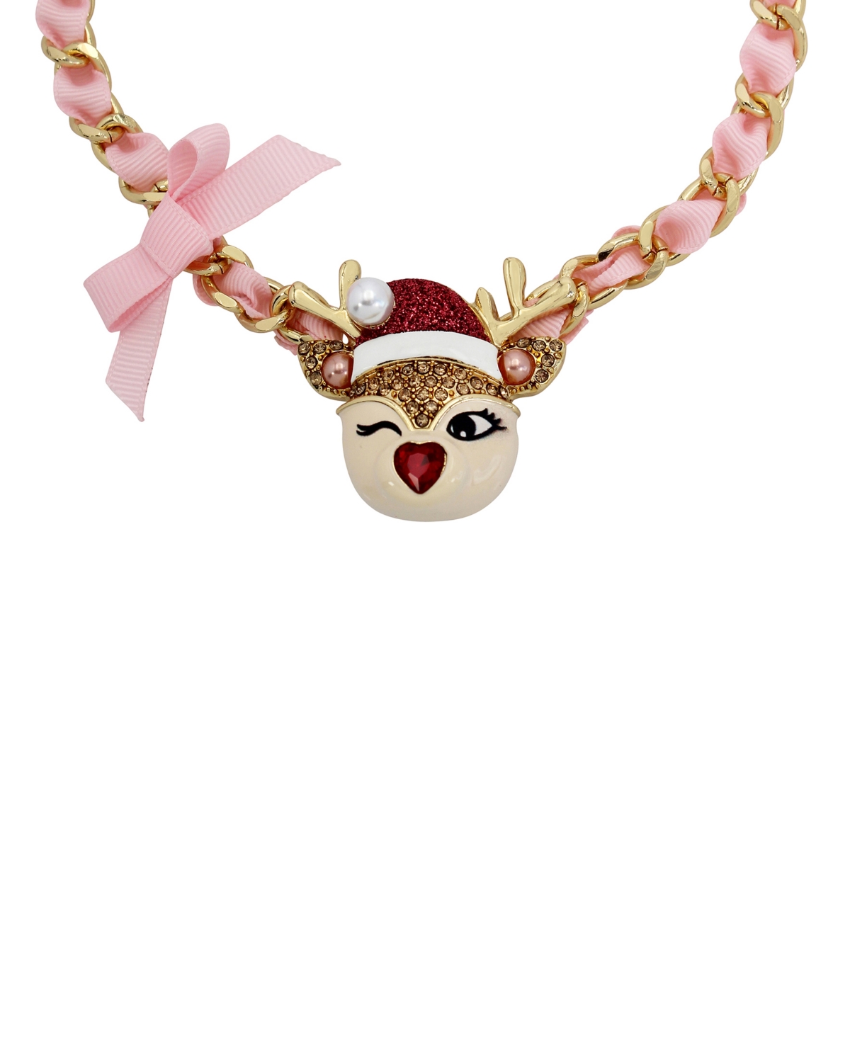 Betsey Johnson Faux Stone Jingle Bell Bling Christmas Reindeer Pendant Necklace -Gold