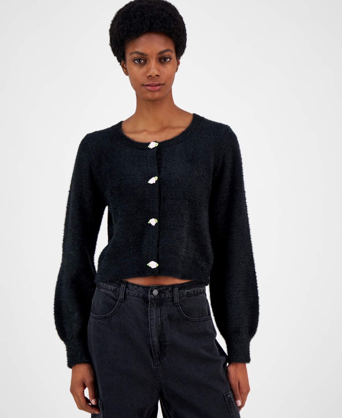 Madden Girl Juniors' Eyelash Rose-button Cardigan In Black