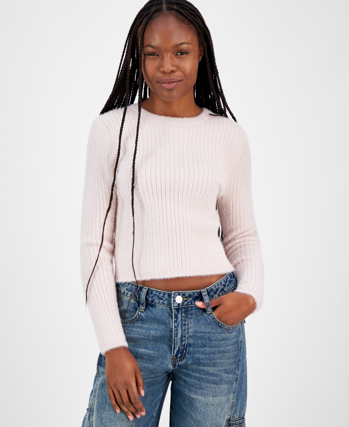 Madden Girl Juniors' Lurex Eyelash Crewneck Sweater In Icy Pink