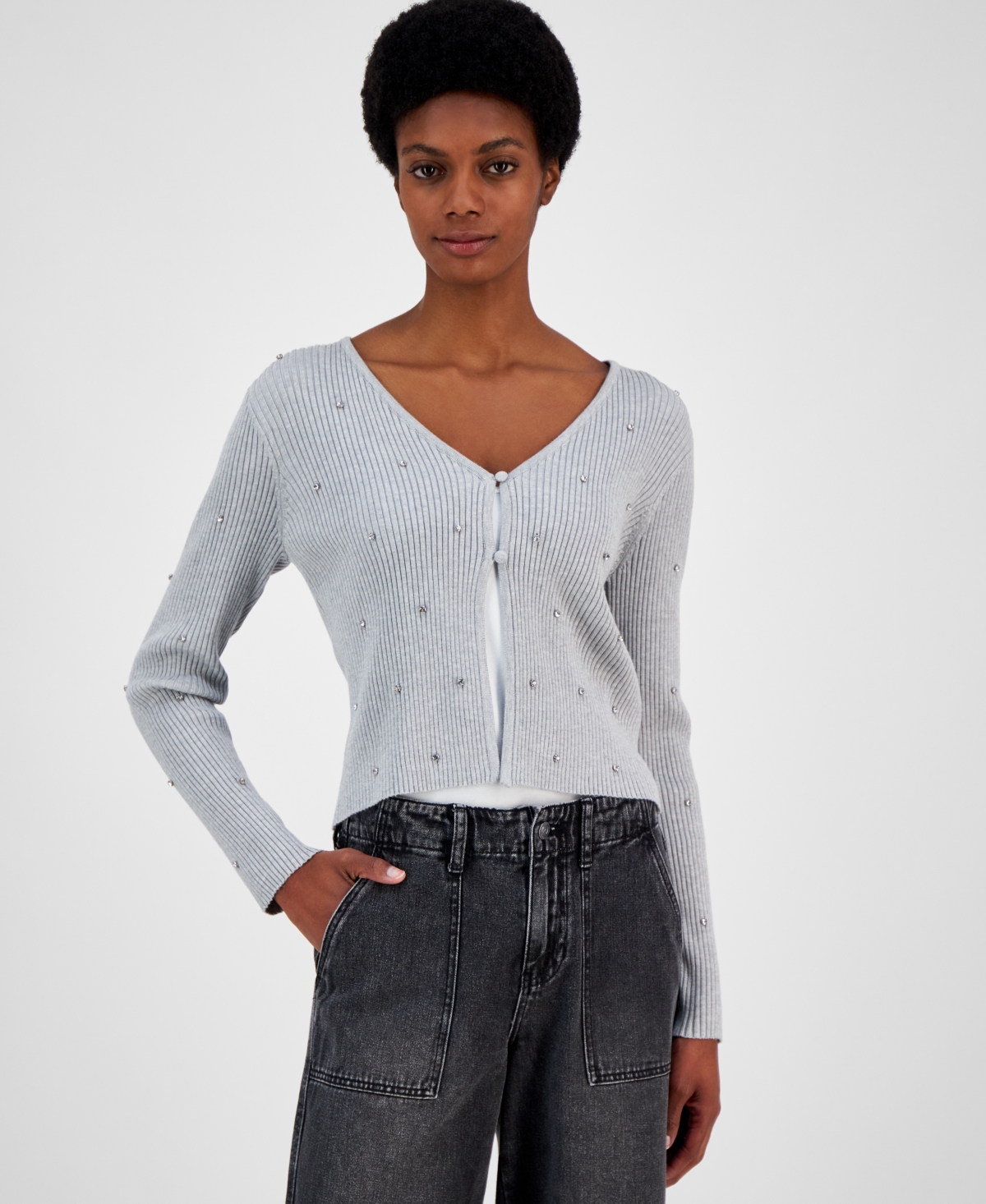 Juniors' Rhinestone Button-Front Cardigan - Lt Heather Grey