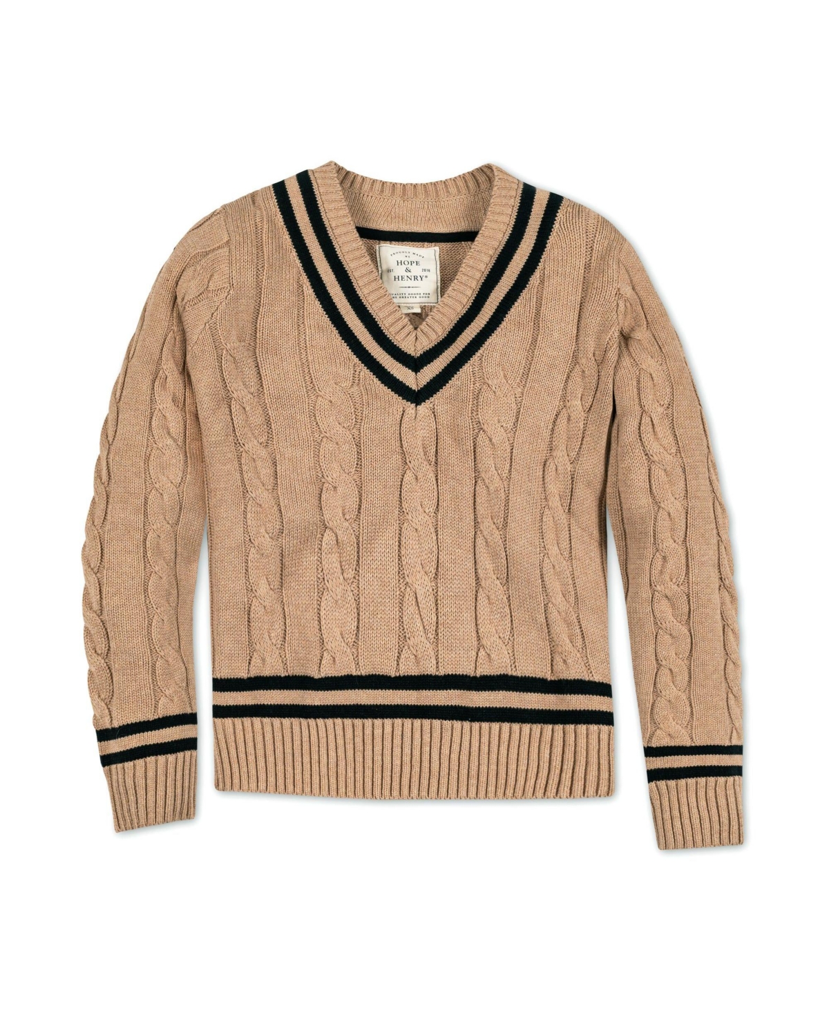 Hope & Henry Women's Long Sleeve V-Neck Cricket Sweater - Camel heather with black