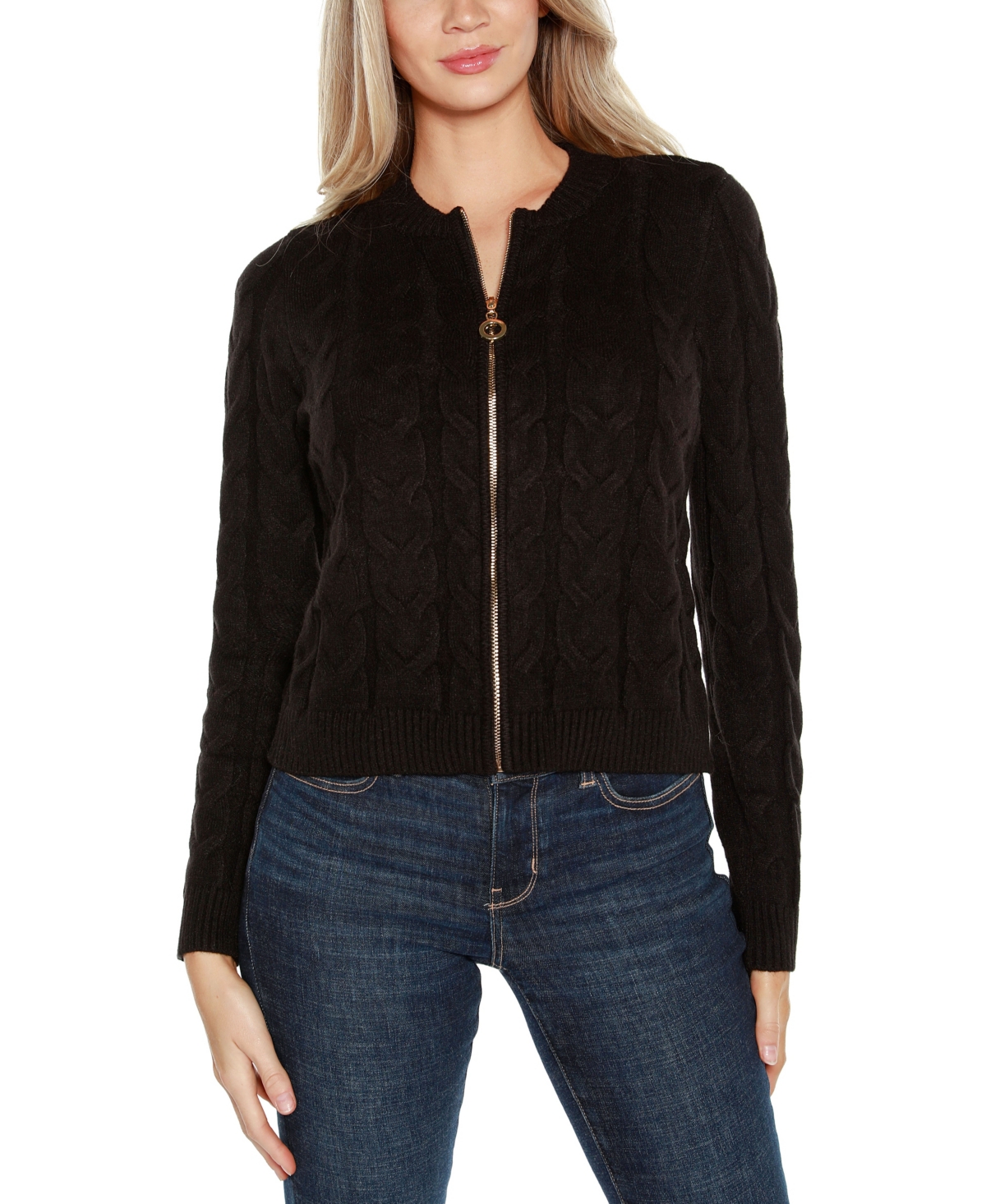 Belldini Women's Black Label Zip Cable Sweater In Black,gold