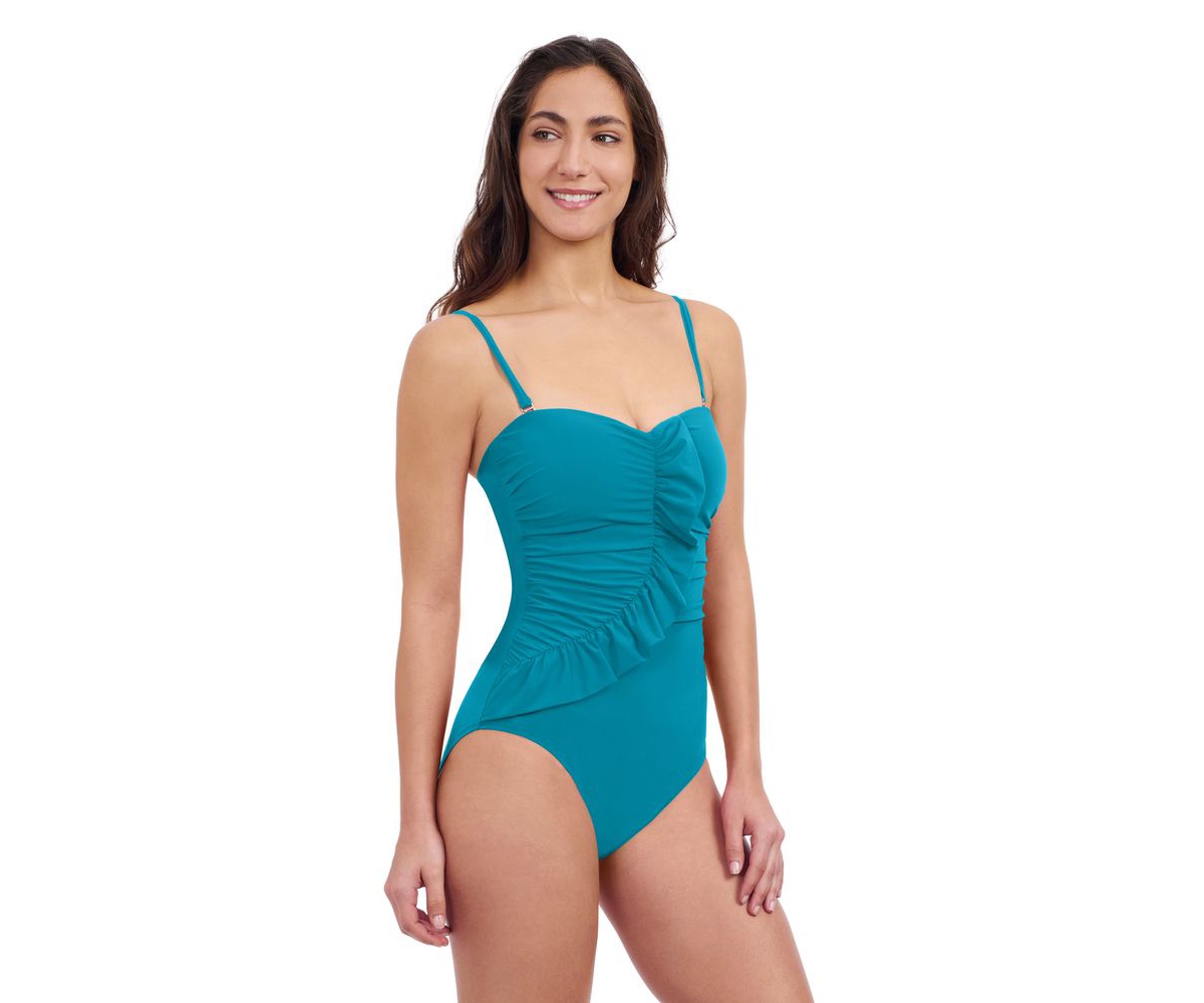 Profile by Gottex Women's Tutti Frutti Ruffle Bandeau One Piece Soft Cups Tummy Control Adjustable Removeable Straps