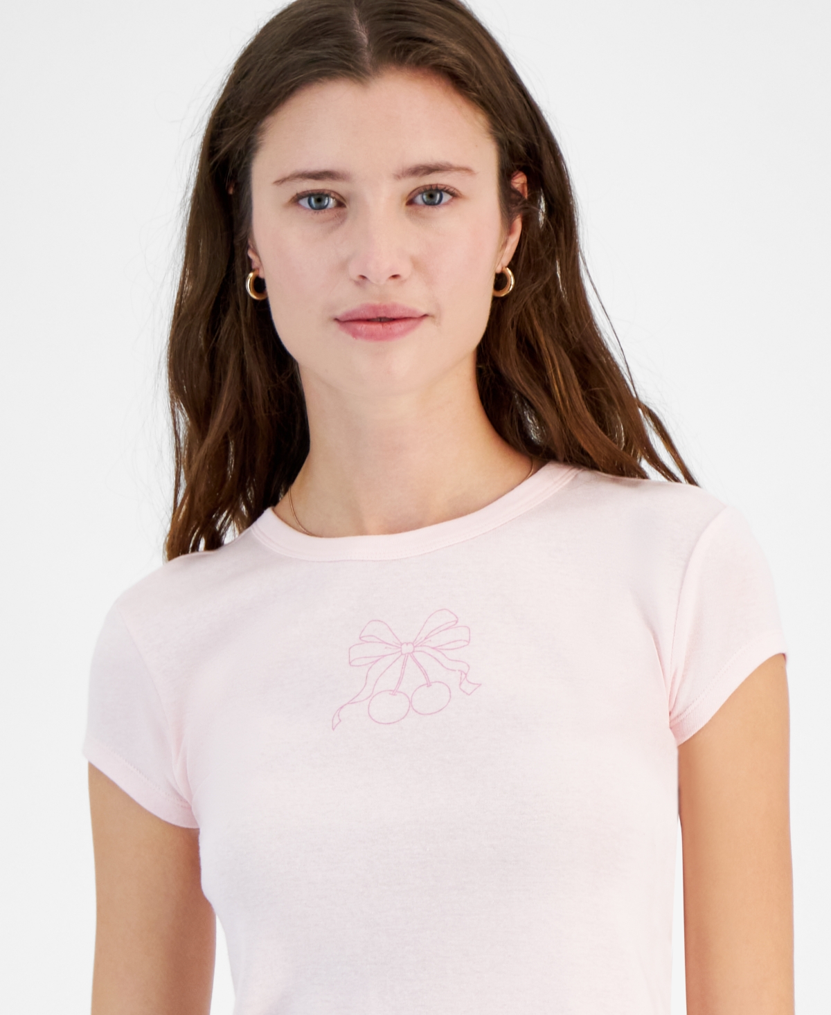 Shop Pretty Rebellious Juniors' Cherry Bow Graphic T-shirt In Ballet Slipper