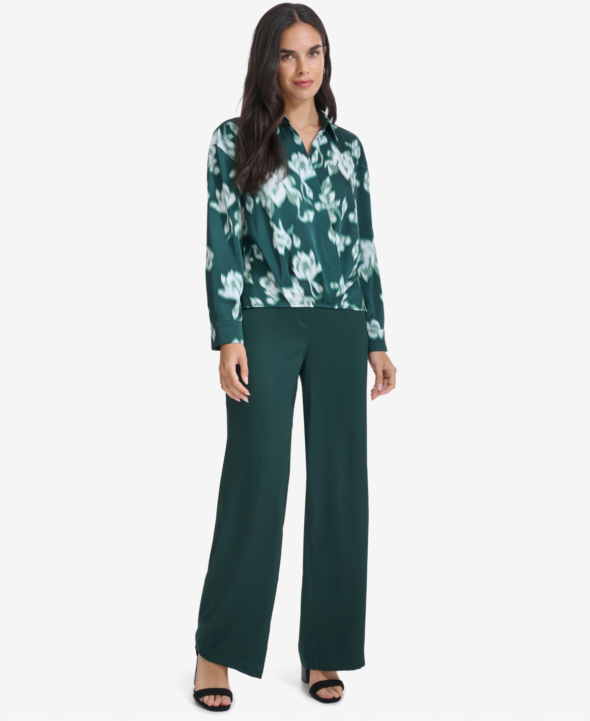 Calvin Klein Women's Printed Faux-Wrap Collared Top