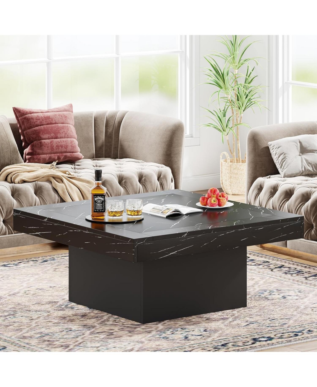 Tribesigns Led Coffee Table, Square Coffee Table Wood Low Coffee Table for Living Room - Faux marble black+black