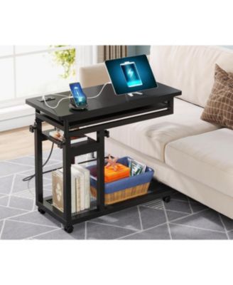 Small Portable Desk with Power Outlet, Height Adjustable Laptop Table with Wheels, Mobile Standing Computer Cart