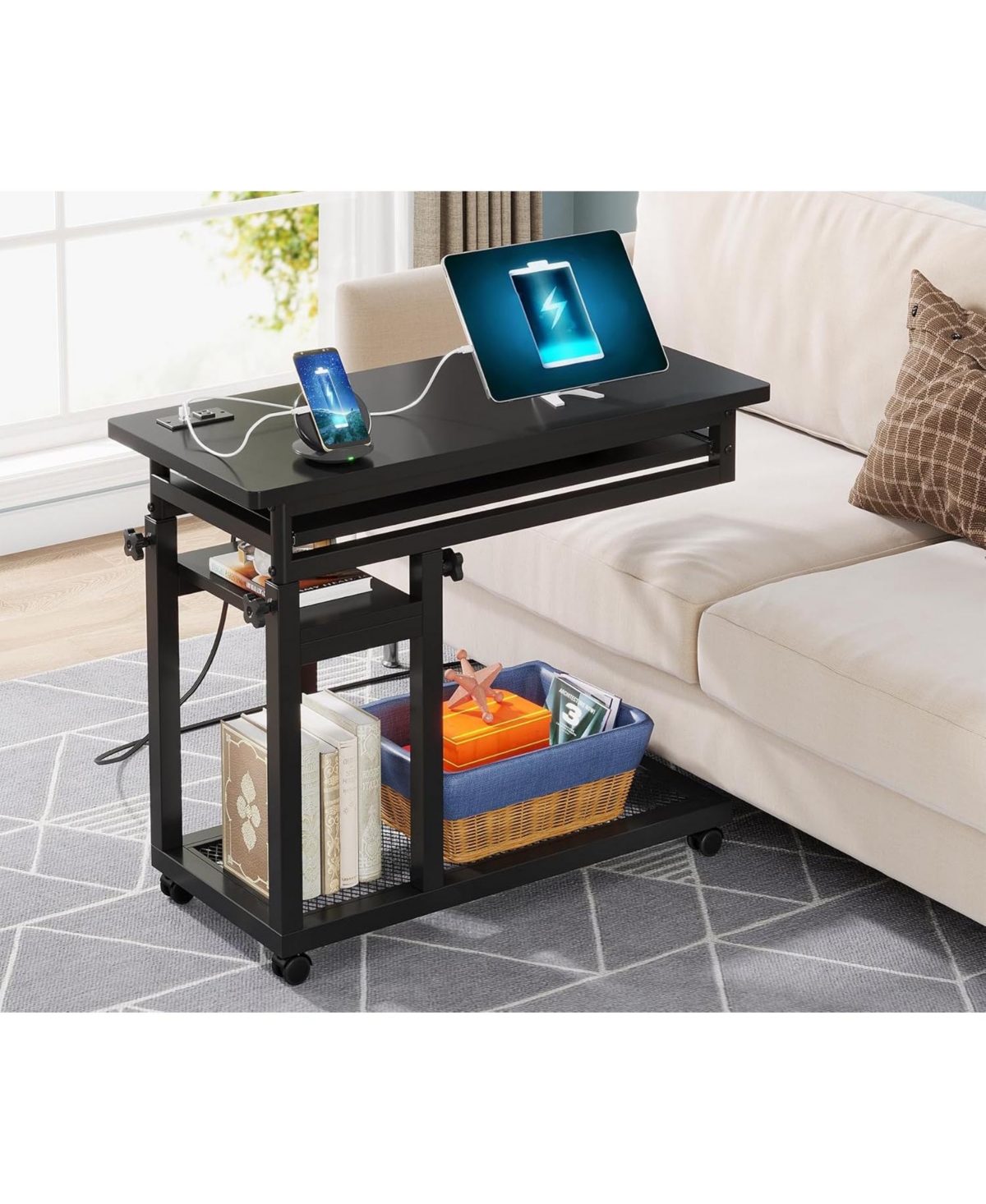 Tribesigns Small Portable Desk with Power Outlet, Height Adjustable Sofa Couch Bedside Laptop Table Wheels, Mobile Standing Rolling Computer