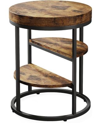 Round End Table, Small End Table with 3 Storage Shelves,Industrial Wooden Sofa Side Table, Rustic Brown Nightstand and Bedside Table