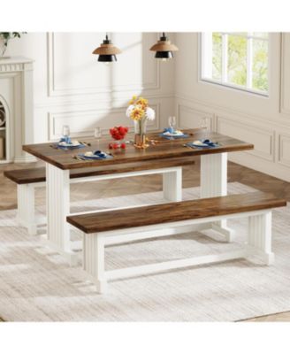 47" Dining Table Set for 4-6, 3-Piece Kitchen Room Table with 2 Benches, Farmhouse Wood Dinner Table for Small Space, Home Kitchen