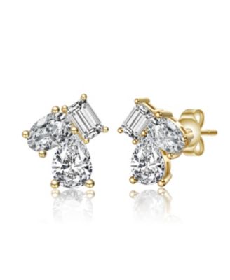 Sterling Silver Cubic Zirconia Three-Stone Cluster Stud Earrings in White Gold Plated or 14k Gold Plated