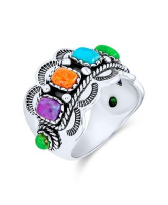 Southwest Boho Western Style 5 Rectangle Multi Color Natural Stones Bezel Set Statement Wide Band Ring Oxidized .925 Sterling Silver