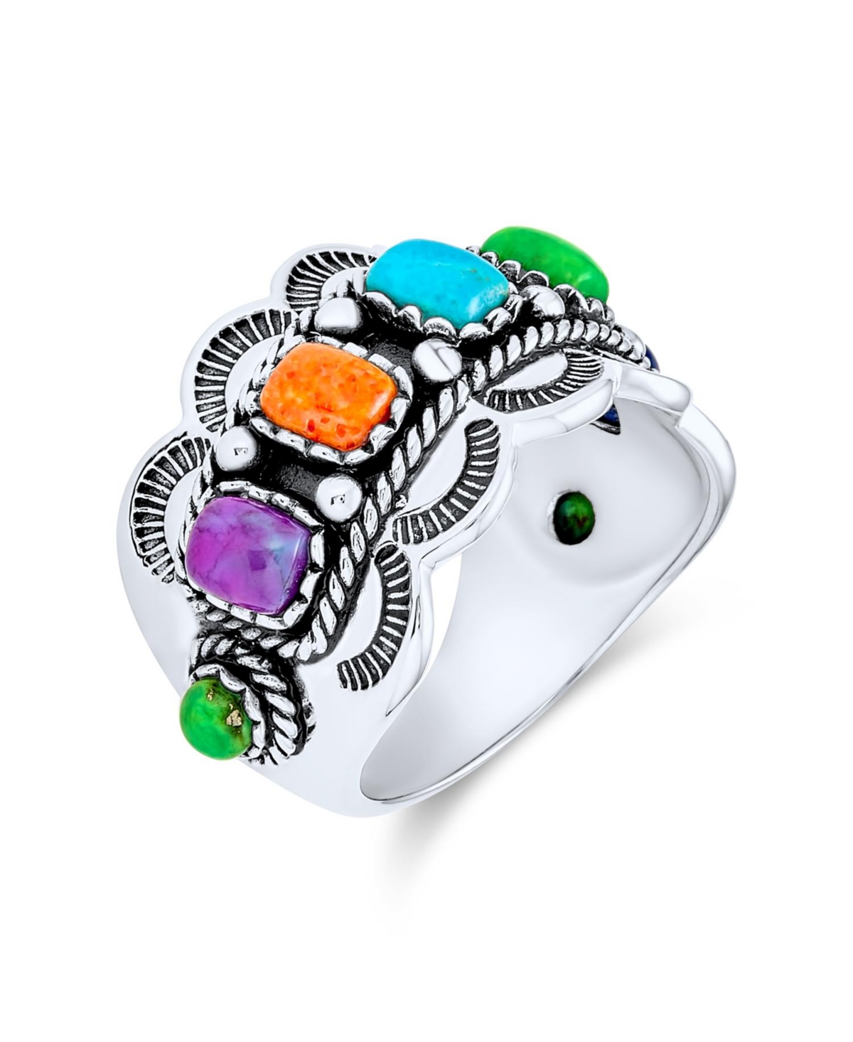 Bling Jewelry Southwest Western Style 5 Rectangle Multi Color Bezel Set Purple Blue Green Orange Statement Wide Band Ring For Women Oxidized .925 Ster
