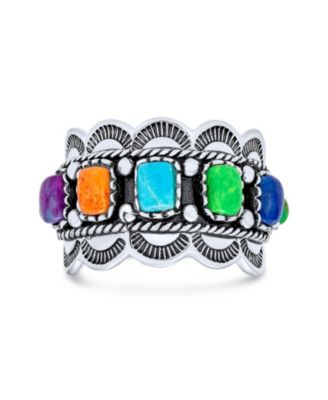 Southwest Western Style 5 Rectangle Multi Color Bezel Set Purple Blue Green Orange Statement Wide Band Ring For Women Oxidized .925 Ster