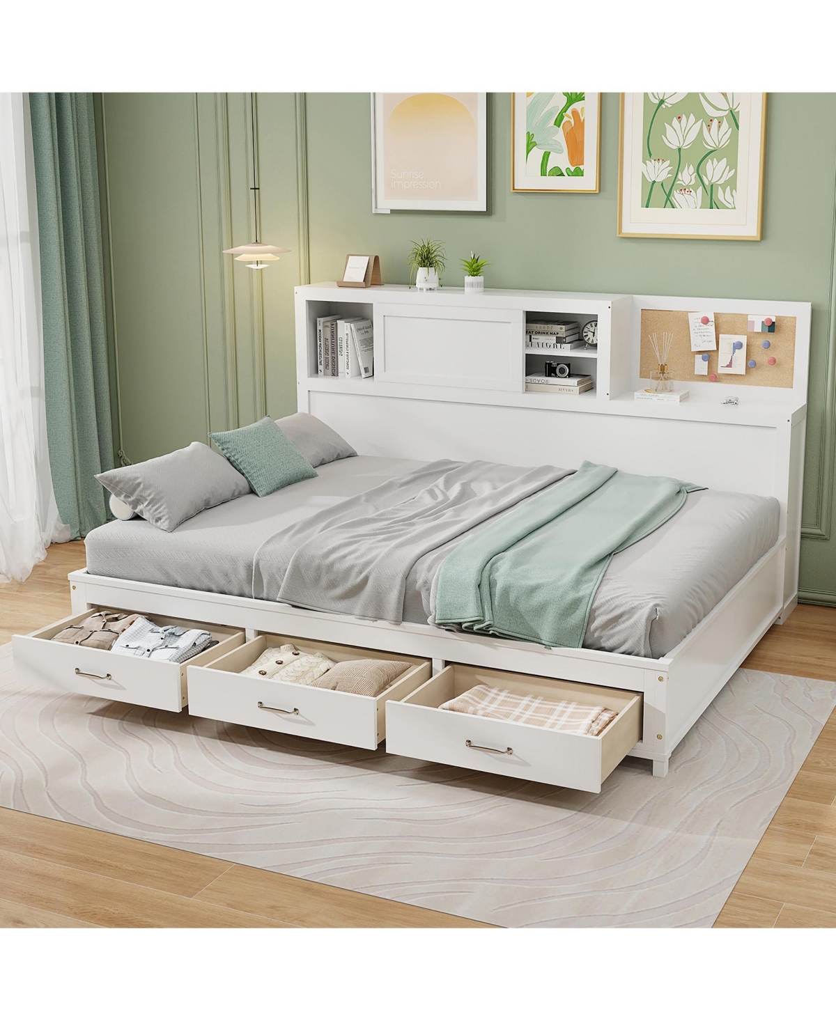 Gymax Full Daybed w/ 3 Drawers Wooden Sofa Bed Frame w/ Storage Shelves - White+beige